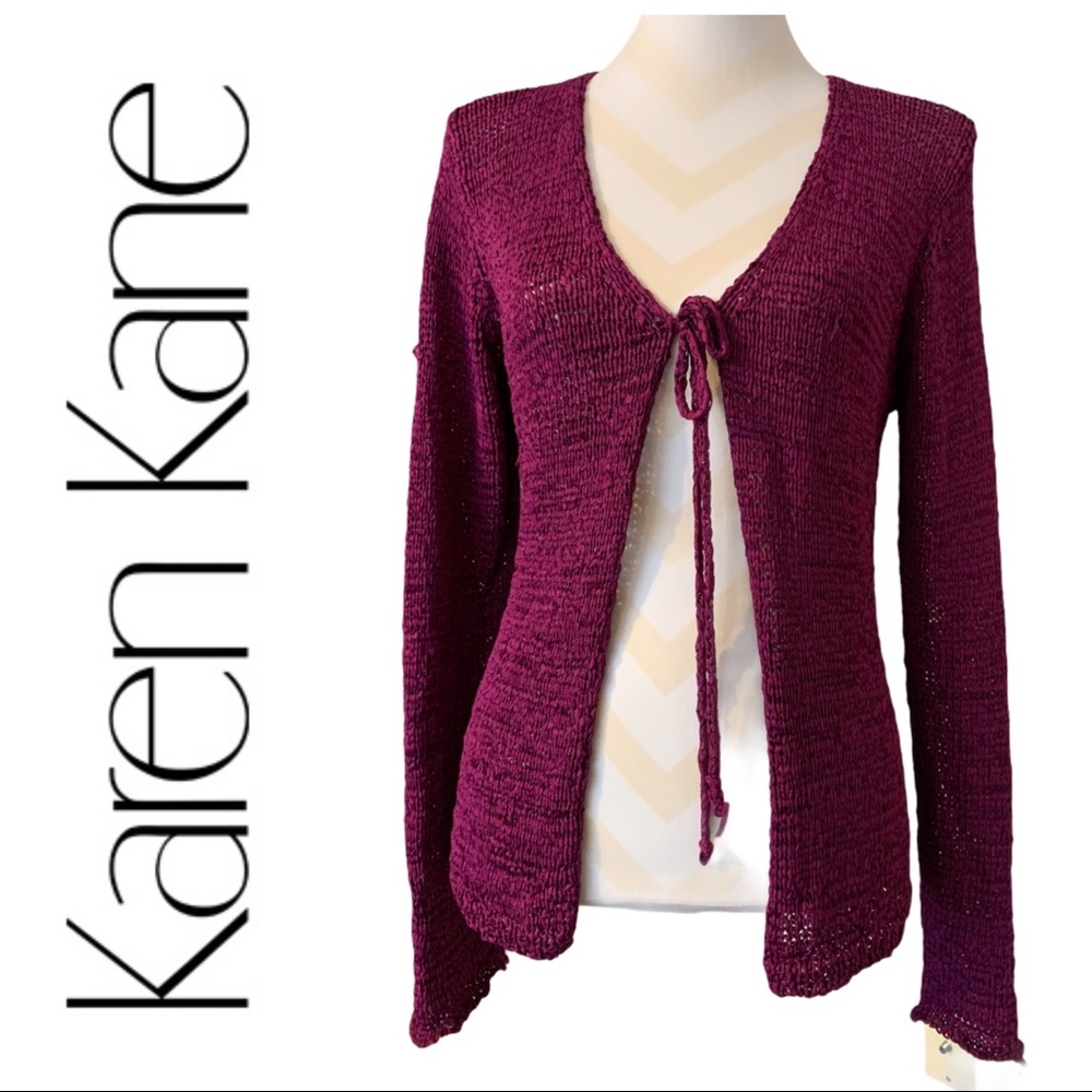 Whimsical tie-front crochet cardigan magenta fuchsia by KAREN KANE boho chic - Picture 4 of 11